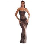Black Straps Sleeveless Mesh Diamond Sexy Long Dress for Women