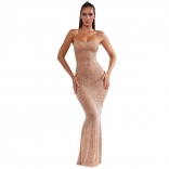 Beige Straps Sleeveless Mesh Diamond Sexy Long Dress for Women
