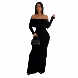Black Off-Shoulder Boat-Neck Long Sleeve Women's Formal Long Dress