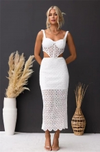 White Women Lace Straps Hollow-out Crop Tops Bodycon Sexy Formal Midi Dress