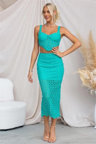 Green Women Lace Straps Hollow-out Crop Tops Bodycon Sexy Formal Midi Dress