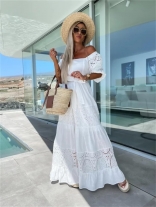 White Hollow-Out Boat-Neck Women's Fashion Holidays Casual Long Dress
