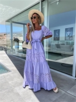 Purple Hollow-Out Boat-Neck Women's Fashion Holidays Casual Long Dress