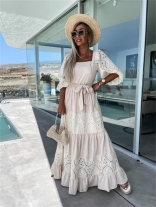 Beige Hollow-Out Boat-Neck Women's Fashion Holidays Casual Long Dress