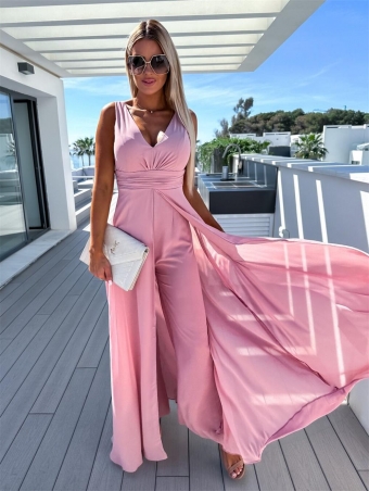 Pink Women's Deep V-Neck Bodycon Women Mesh Hem Prom Sexy Jumpsuit