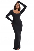 Black Low-Cut Long Sleeve Women's Stripe Bodycon Sexy Long Dress