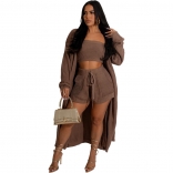 Brown Women's Long Sleeve Knitting Straps Playsuits Sexy Fashion Coat 3PCS Dress