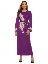 Purple Long Sleeve Women's Embroid Lace Pearls Belt Fashion Evening Prom Midi Dress