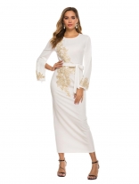 White Long Sleeve Women's Embroid Lace Pearls Belt Fashion Evening Prom Midi Dress