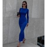 Blue Long Sleeve O-Neck Women Fashion Formal Evening Long Dress