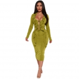 Green Long Sleeve Women Deep V-Neck Flounce Bandage Slit Fit Midi Dress