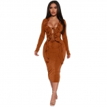 Brown Long Sleeve Women Deep V-Neck Flounce Bandage Slit Fit Midi Dress