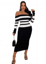 White Off-Shoulder Knitting Long Sleeve Pleated Formal Bodycon Midi Dress