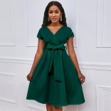 Green Short Sleeve V-Neck Bowknot Belt Fashion Formal Skirt Dress