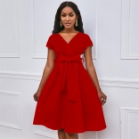 Red Short Sleeve V-Neck Bowknot Belt Fashion Formal Skirt Dress