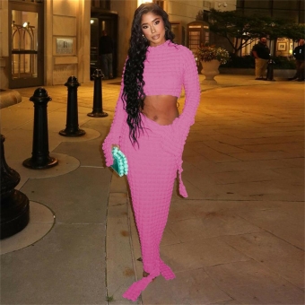 Pink Women's Long Sleeve Latticed Crop Tops Sexy Prom Party Long Dress