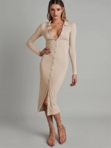 Khaki Women's Button Cardigan Ribbed Long Sleeve Slim Fit Prom Long Dress