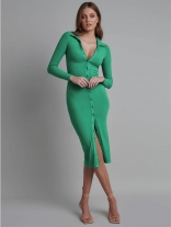 Green Women's Button Cardigan Ribbed Long Sleeve Slim Fit Prom Long Dress