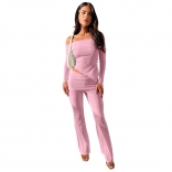 Pink Long Sleeve Boat-Neck Crop Tops Fashion Bodycon Jumpsuit Sets