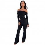 Black Long Sleeve Boat-Neck Crop Tops Fashion Bodycon Jumpsuit Sets