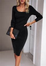 Black Long Sleeve Low-Cut O-Neck Stripe Bodycon Prom Casual Split Midi Dress