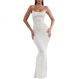 White Women's Straps Mesh See-through Rhinestones Bodycon Prom Evening Long Dress