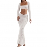 White Women's Long Sleeve Boat-Neck Mesh Rhinestones Bodycons Two Pieces Long Dress