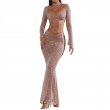 Pink Women's Long Sleeve Boat-Neck Mesh Rhinestones Bodycons Two Pieces Long Dress