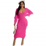 RoseRed Women's Long Sleeve Low-Cut Knitted Pocket Sexy Pleated Midi Dress