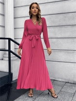 RoseRed Long Sleeve Women V-Neck Pleated Belted Fashion Casual Skirt Long Dress