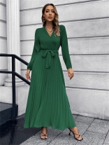 Green Long Sleeve Women V-Neck Pleated Belted Fashion Casual Skirt Long Dress