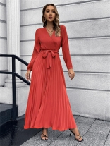 Red Long Sleeve Women V-Neck Pleated Belted Fashion Casual Skirt Long Dress