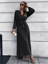 Black Long Sleeve Women V-Neck Pleated Belted Fashion Casual Skirt Long Dress