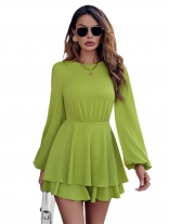 Green Long Sleeve O-Neck Fashion Women Skirt Rompers