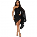 Black Women's Diagonal Neck Cape Sleeves Irregular Sequins Bodycons Party Mini Dress