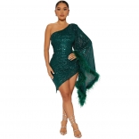 Green Women's Diagonal Neck Cape Sleeves Irregular Sequins Bodycons Party Mini Dress