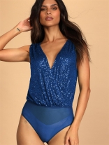 Blue Women's Sleeveless Deep V-Neck Sequins Bodycon Mesh Bodysuit