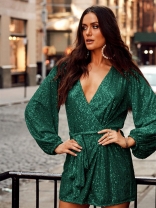 Green Women's Long Sleeve Sequins Fashion Slim Fit Cardigan Mini Dress