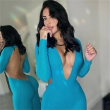 Blue Women's Long Sleeve Deep V-Neck Bodycons Sexy Backless Jumpsuit Dress