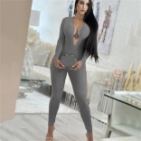 Gray Women's Long Sleeve Deep V-Neck Bodycons Sexy Backless Jumpsuit Dress