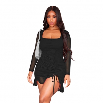 Black Long Sleeve Women Boat-Neck Mesh Pleated Sexy Party Dress
