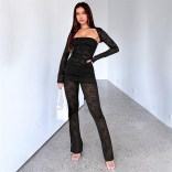 Women's Long Sleeve Tops Lace Hollow-out Bodycons Sexy Jumpsuit Dress Sets