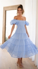 Skyblue Off-Shoulder Chiffion Hollow-out Fashion Skirt Dress