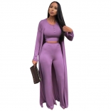 Purple Women Long Sleeve Crop Tops Sexy 3PCS Formal Casual Jumpsuit Dress Sets