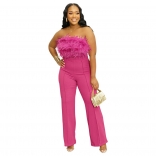 RoseRed Off-Shoulder Feather Women Strapless Bodycon Two Pieces Jumpsuit Dress Sets
