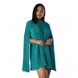 Green Women's O-Neck Solid Color Pleated Shawl Sleeve Prom Party Mini Dress