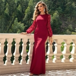 Red Women Mesh Long Sleeve Sequins Tassels Bodycon Evening Prom Long Dress