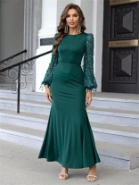 Green Women Mesh Long Sleeve Sequins Tassels Bodycon Evening Prom Long Dress