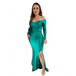 Green Women's Low-Cut Evening Prom Dress Long Sleeve Pleated Casual Skirts Dresses