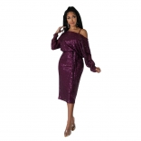 Red Women Long Sleeve Sequins Sexy Midi Dress Straps Bodycons Two Pieces Clothes Set